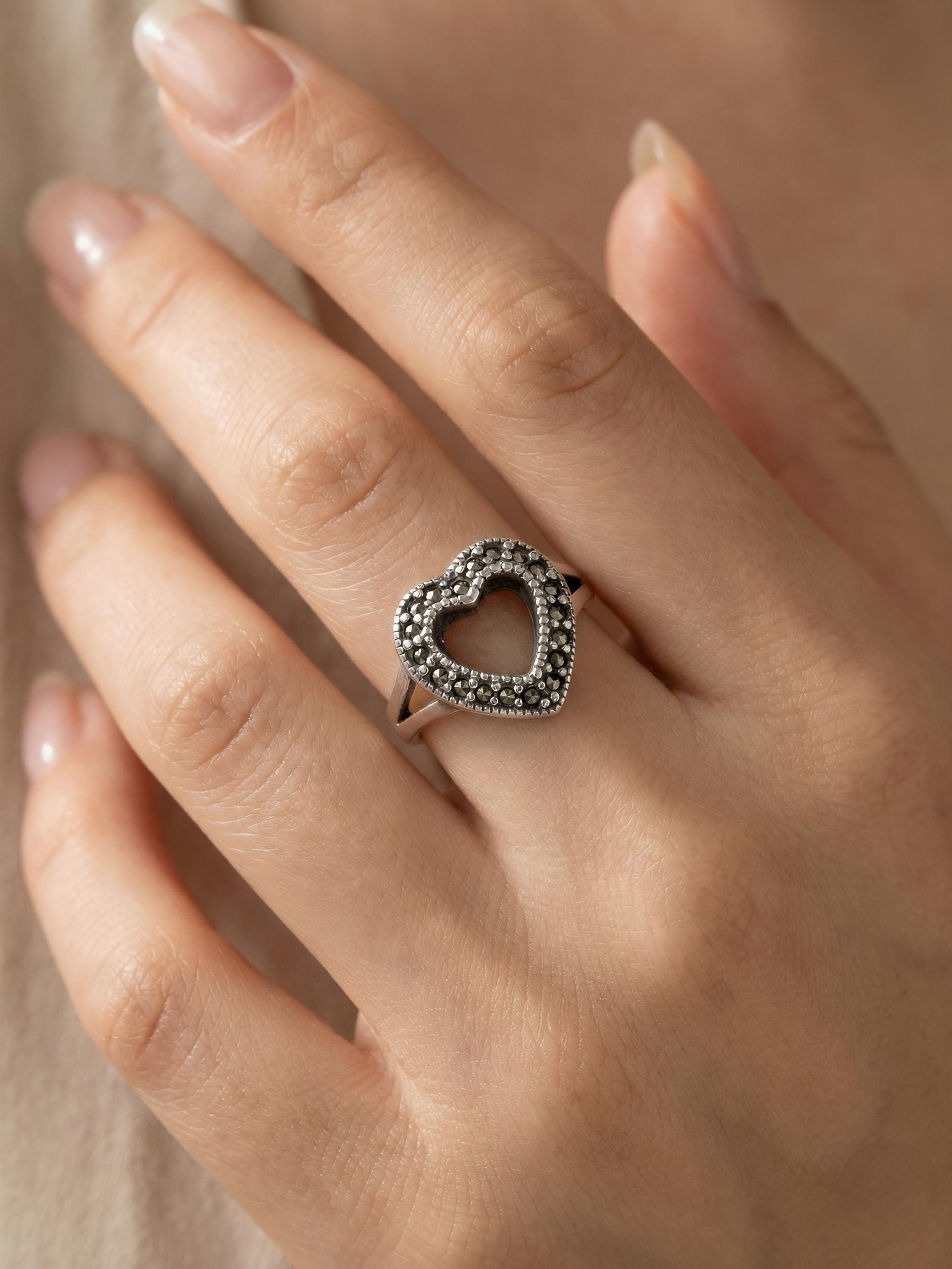 Marcasite Heart Pure Silver Ring