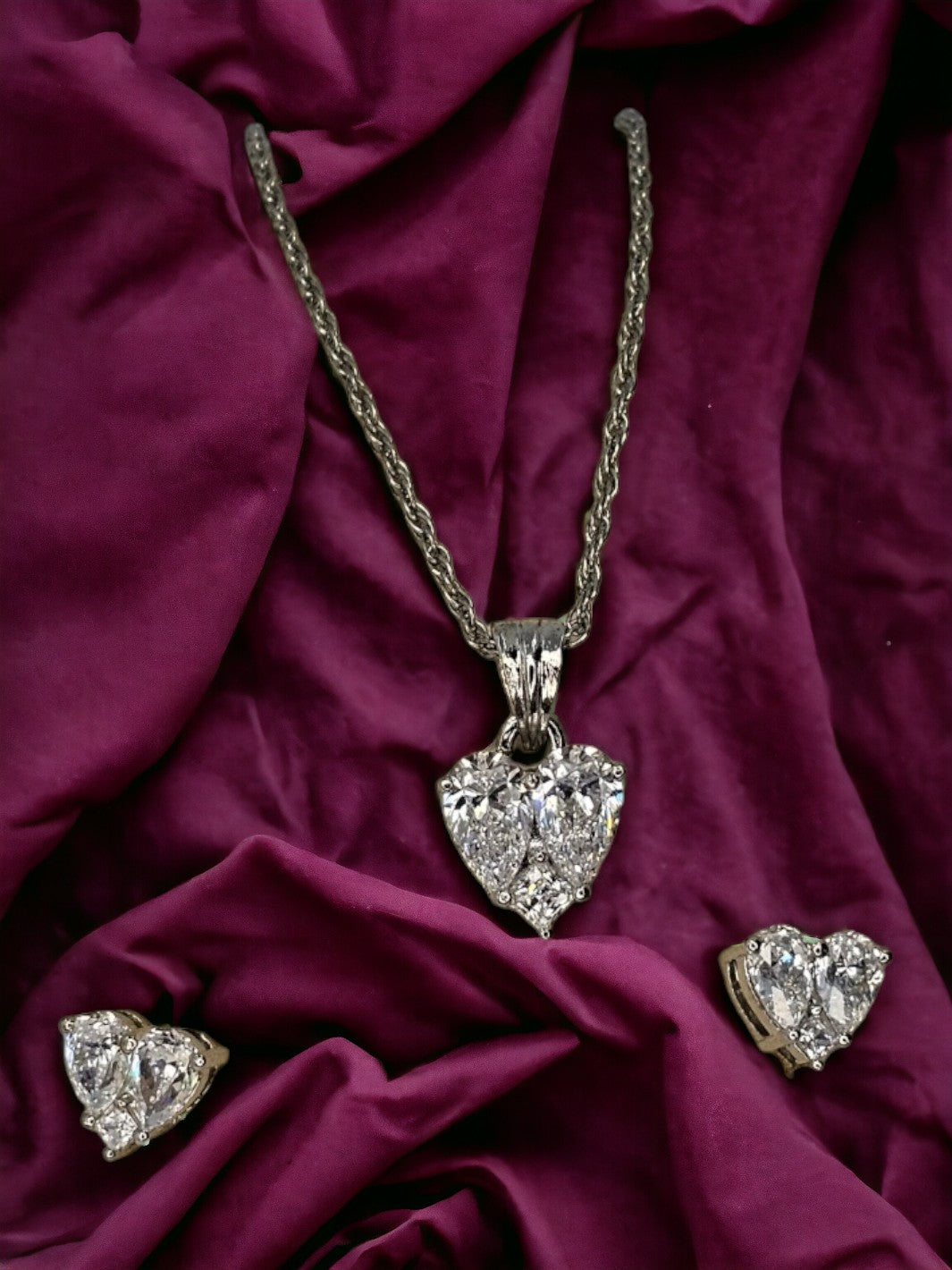 Sterling Silver Large Stone Heart Pendant Set - PSA Jewels