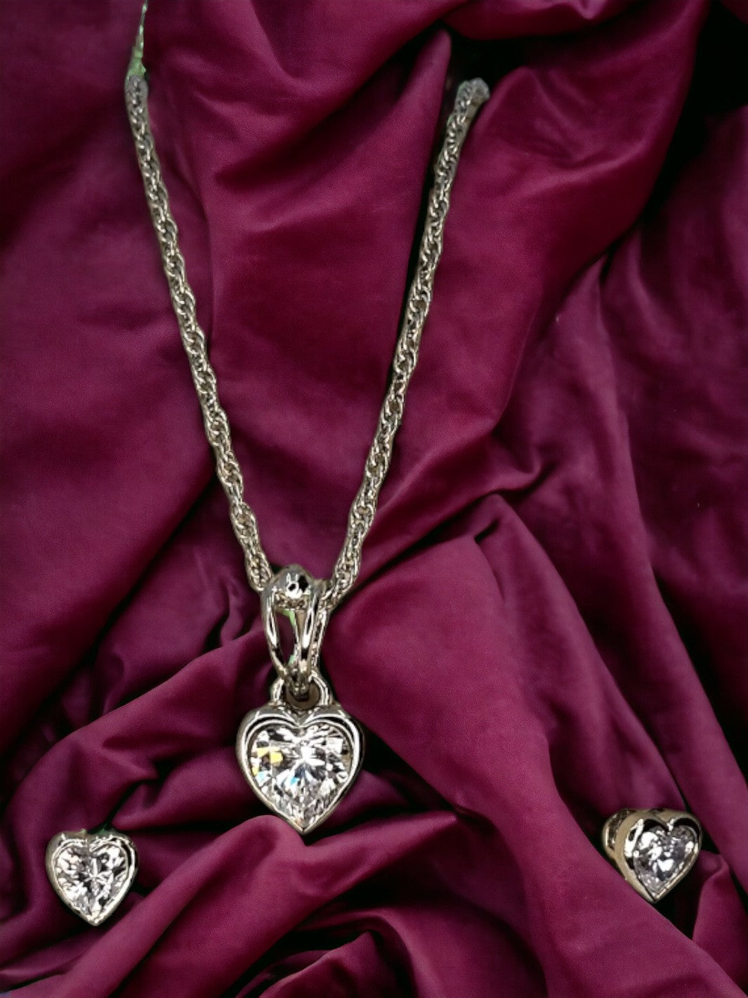 Sterling Silver Small Stone Heart Pendant Set - PSA Jewels