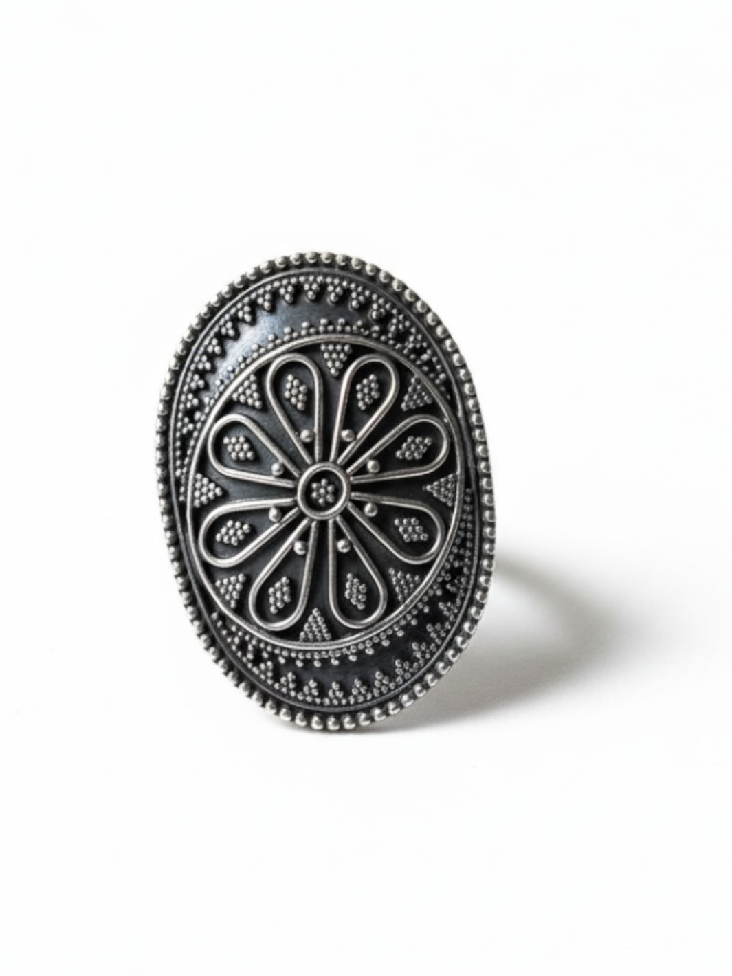 Artisan Handcrafted Oval Flower Pure Silver Ring