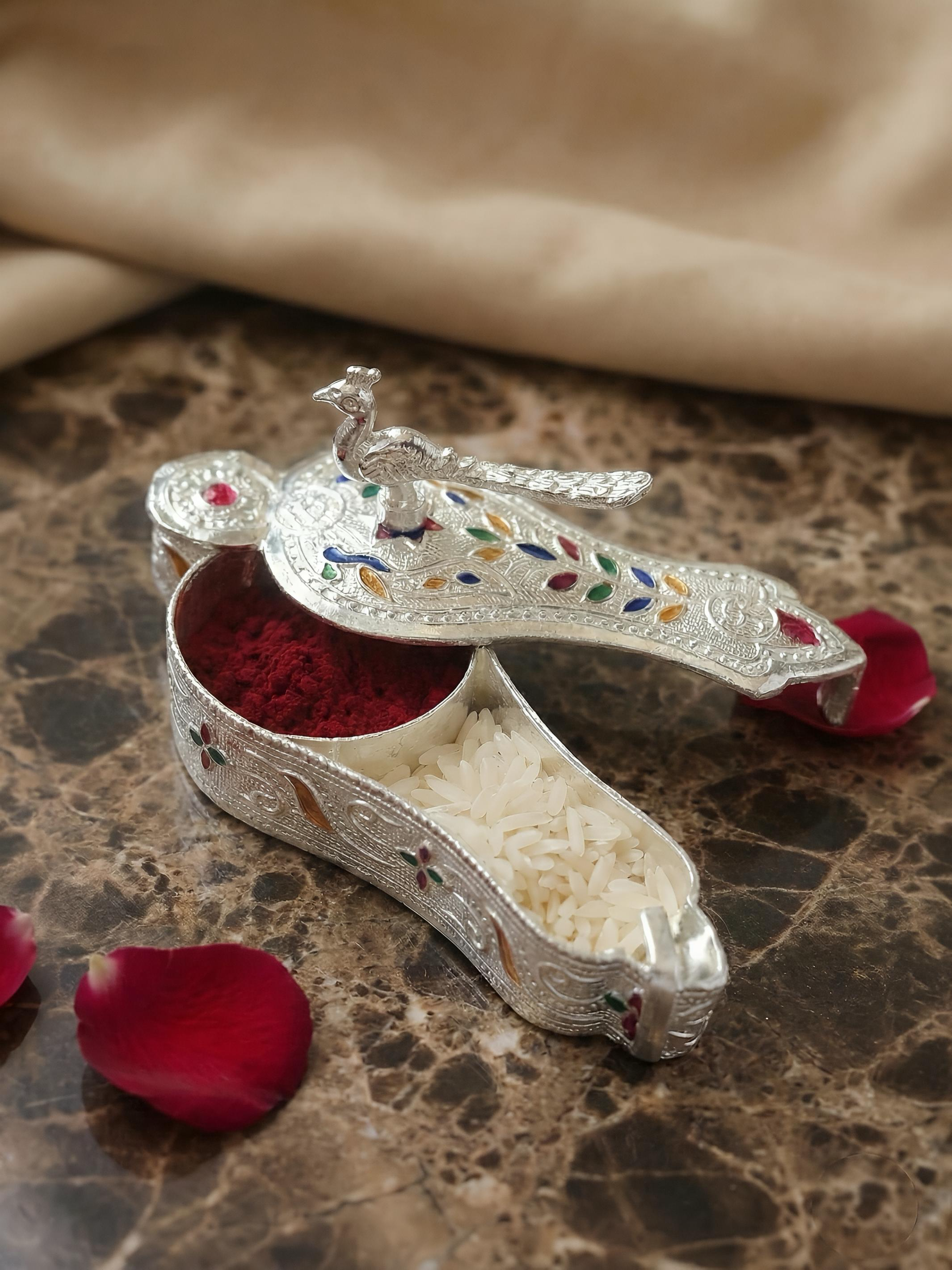 Colourful Enamel Peacock Design Haldi Kumkum Holder/Box/Dibbi