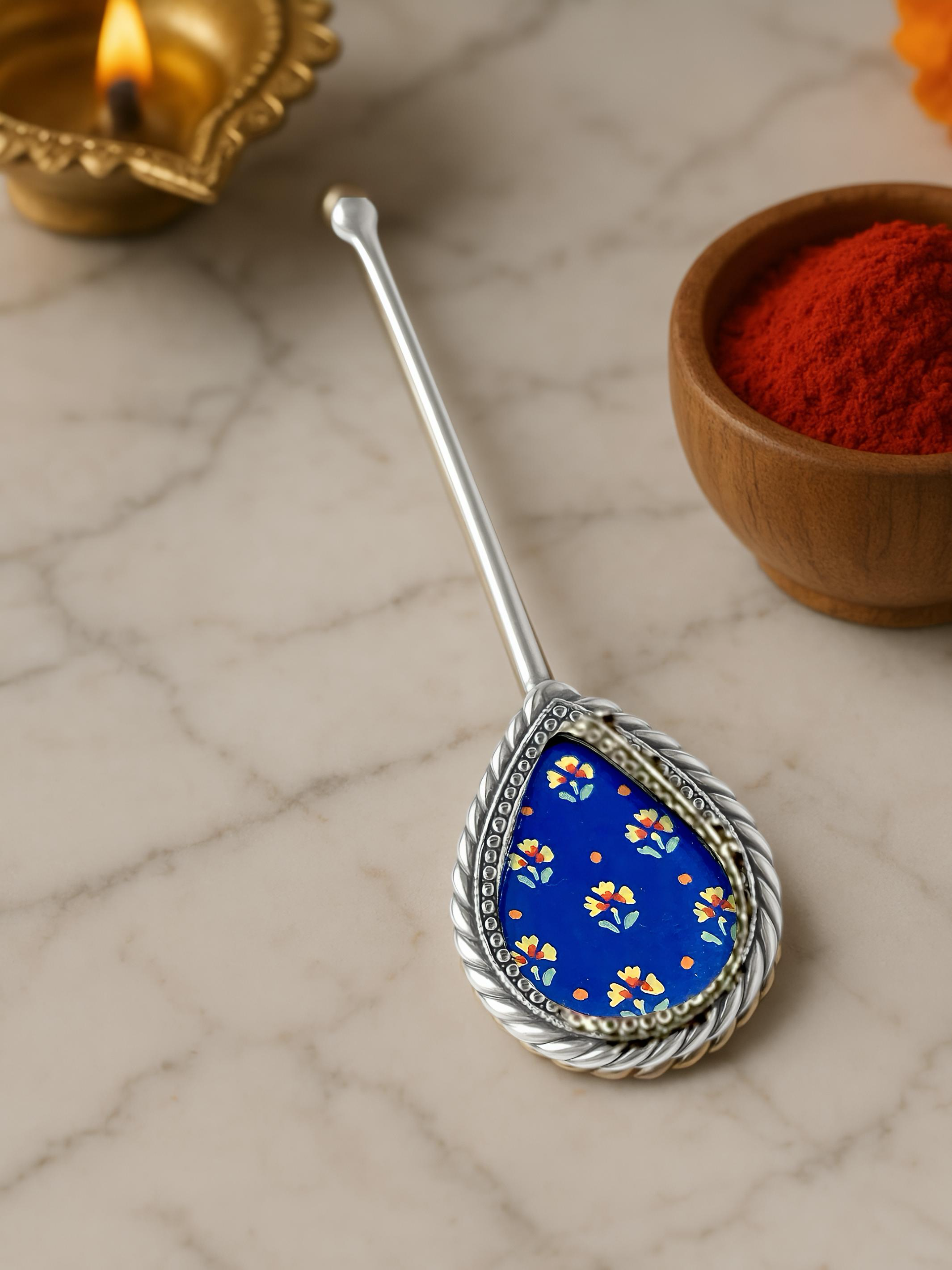 Pure Silver Hand-painted Pear Shaped Antique Pooja tilakstick