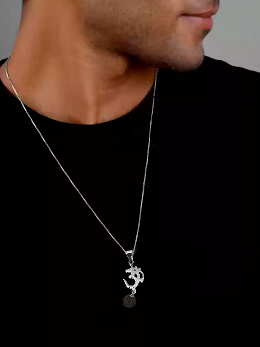 Om with Rudraksha Silver Pendant with chain - PSA Jewels