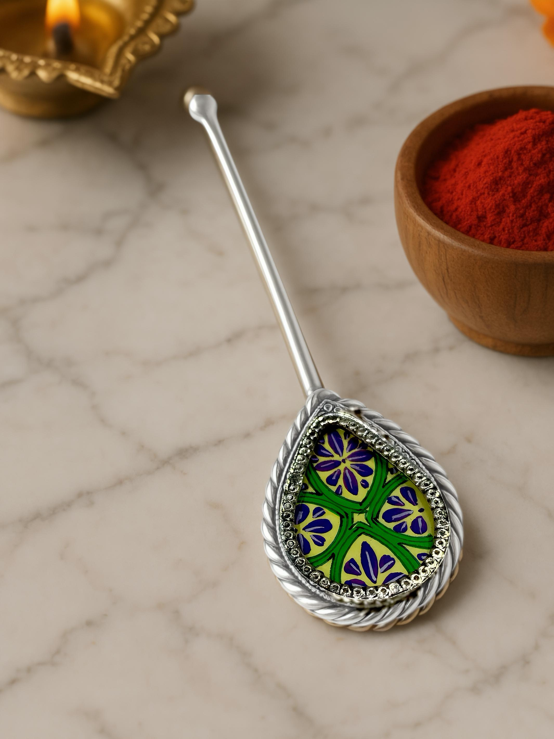 Pure Silver Hand-painted Pear Shaped Antique Pooja tilakstick