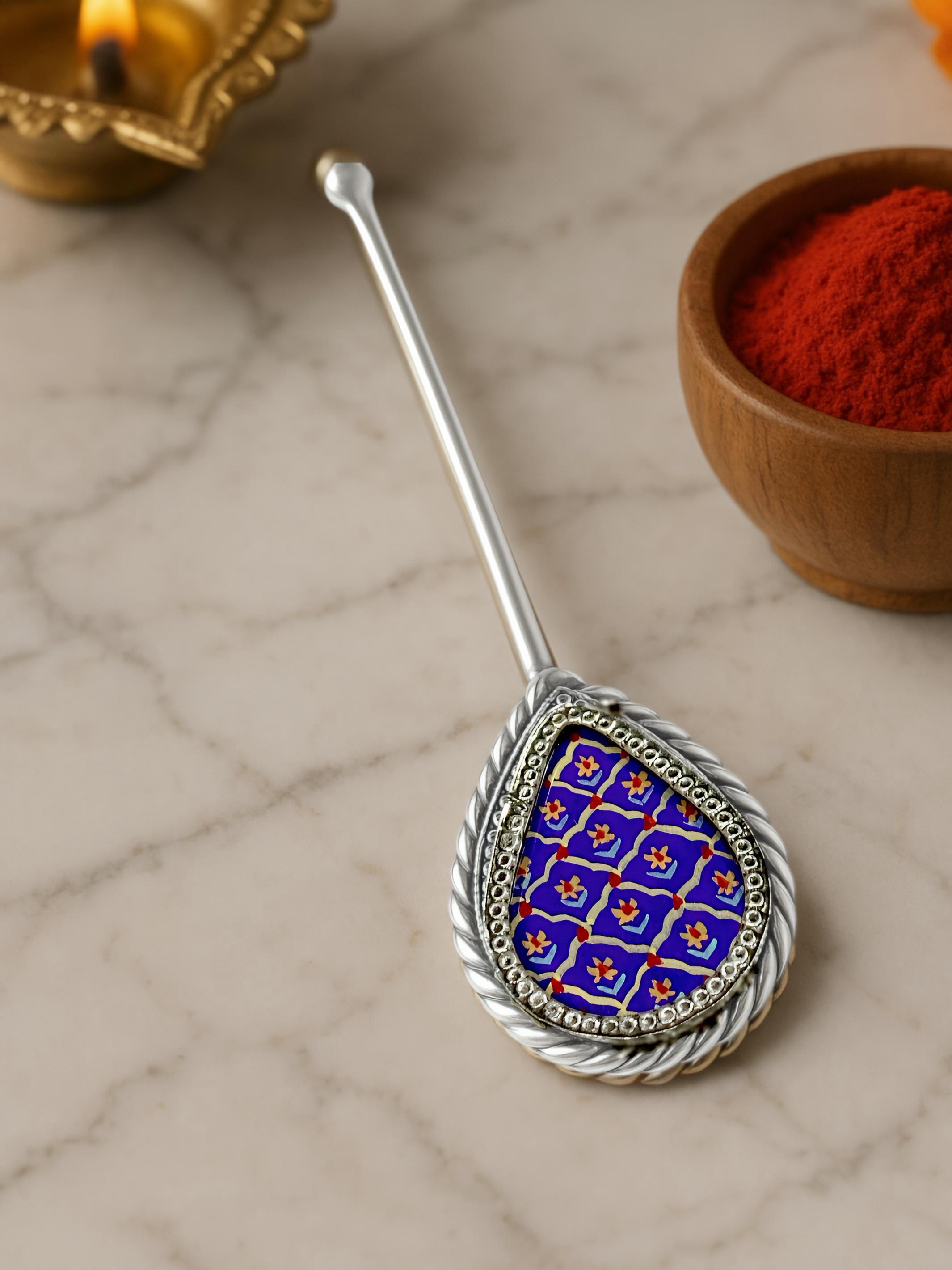 Pure Silver Hand-painted Pear Shaped Antique Pooja tilakstick