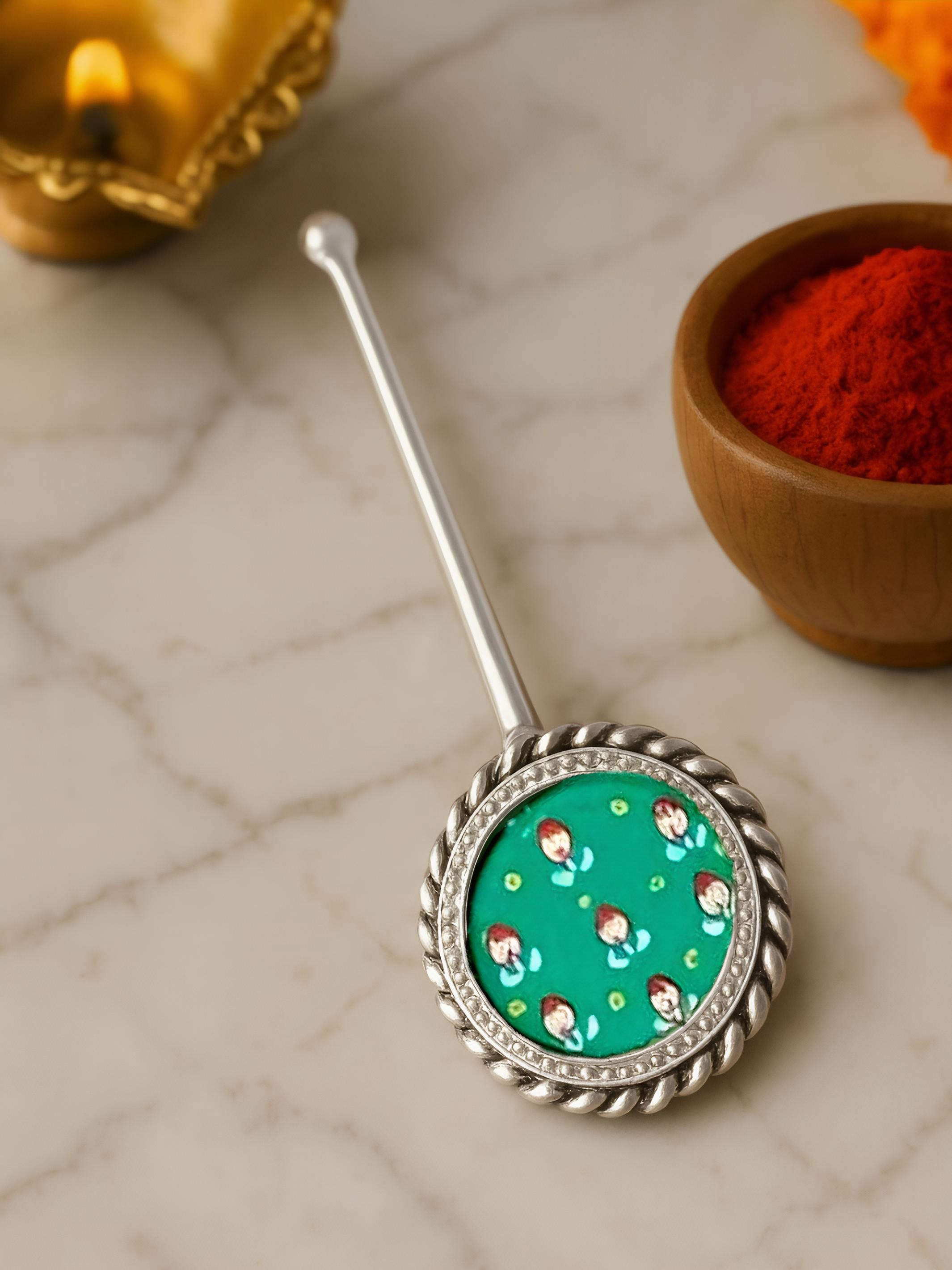 Pure Silver Hand-painted Circle Shaped Antique Pooja tilakstick