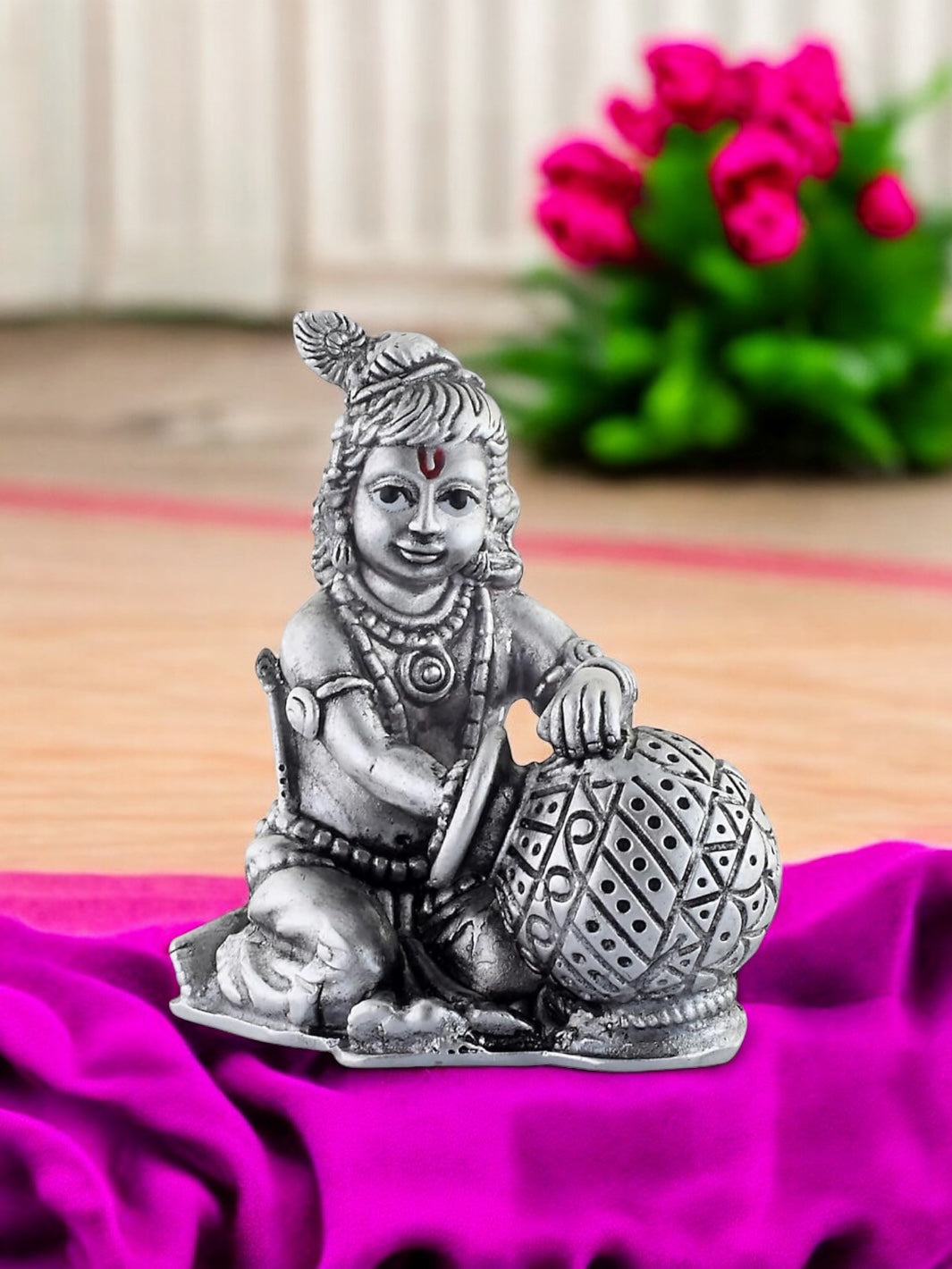 Pure Silver Antique Finish Mini Makhan Bal Gopal Krishna Idol