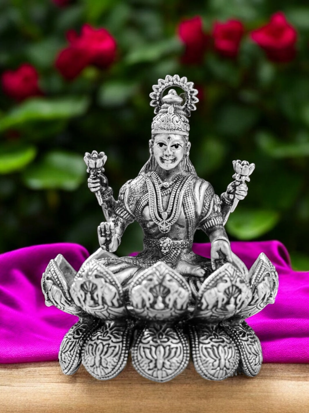 Pure Silver Antique Finish Lakshmiji on Divine Lotus