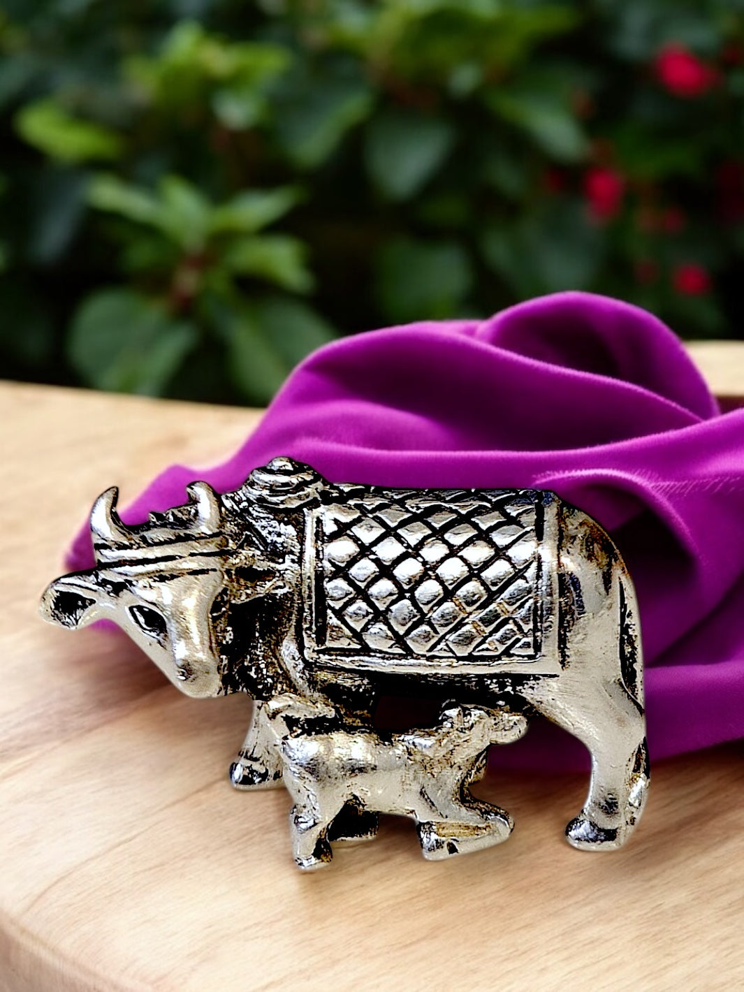 Pure Silver Antique Kamdhenu Cow and Calf Idol