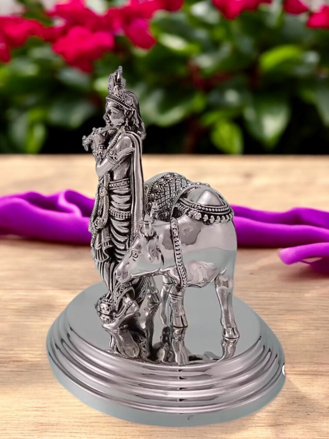 Pure Silver Krishna With Cow Idol