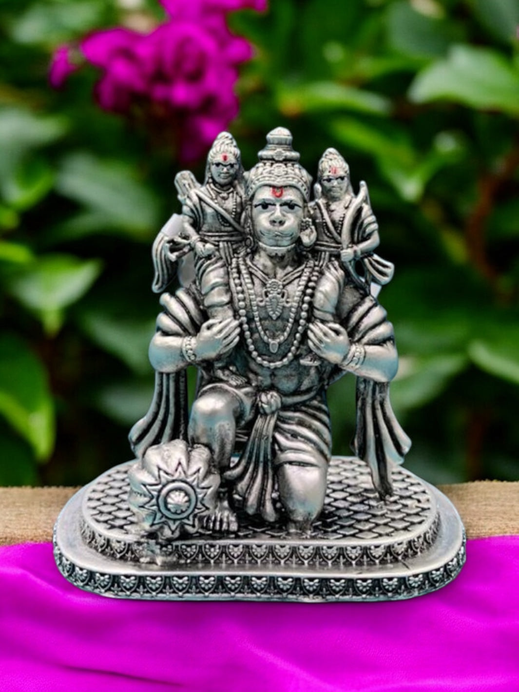 Pure Silver Antique Lord Hanuman carrying Lord Rama and Laxman on his shoulders Idol