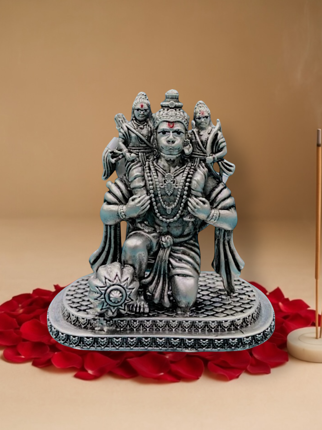 Pure Silver Antique Lord Hanuman carrying Lord Rama and Laxman on his shoulders Idol