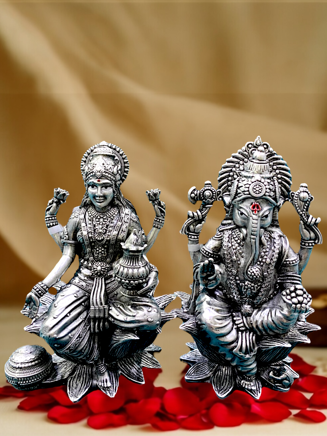 Pure Silver Antique Finish Laxmiji Ganeshji Idol