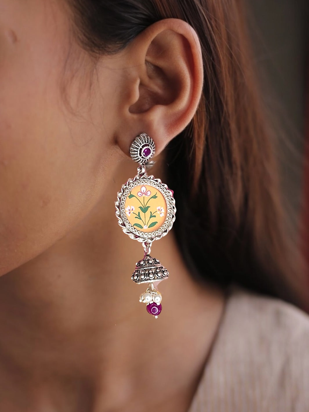 Round shaped Flower Handpainted Earring - PSA Jewels