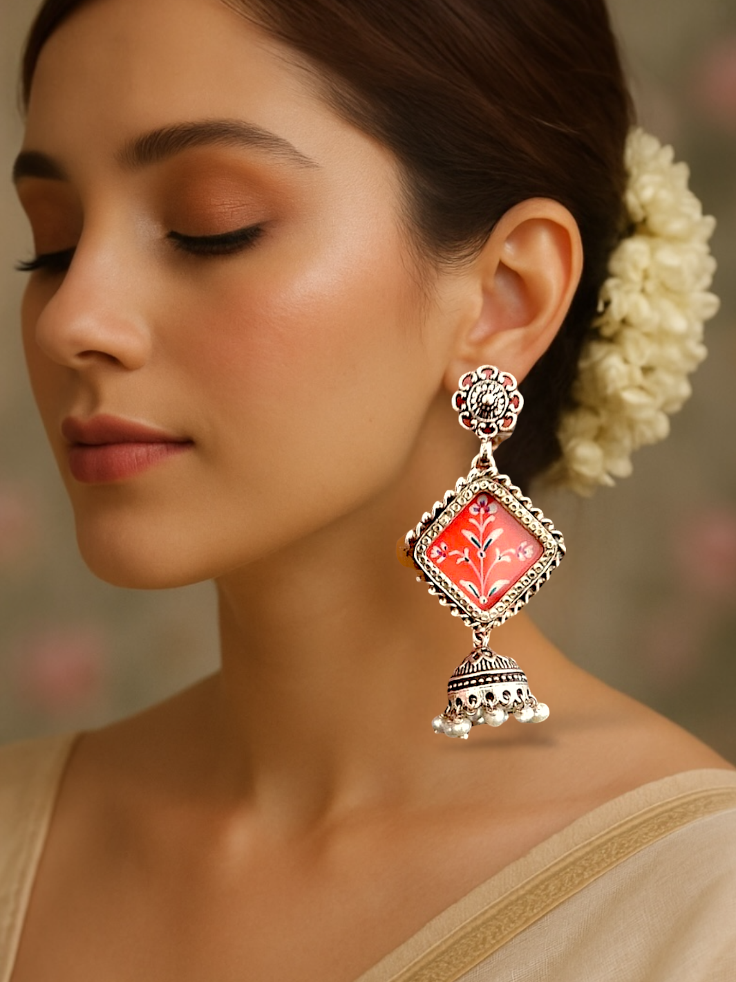 Orange Handpainted Jhumki Earring