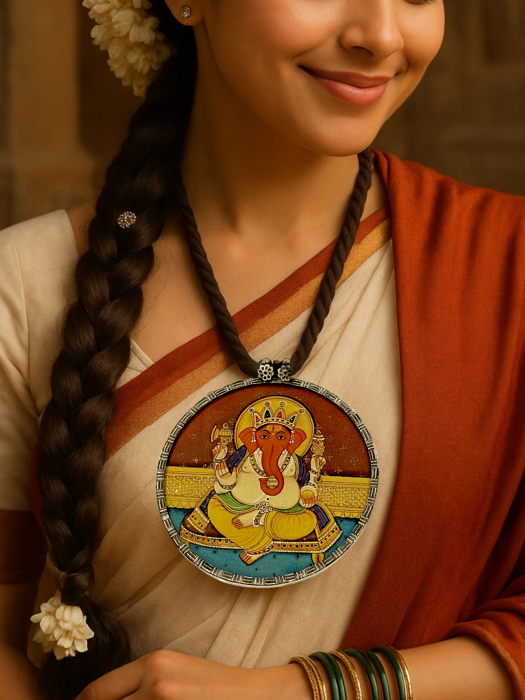 Lord Ganesha Hand Painted Silver Pendant