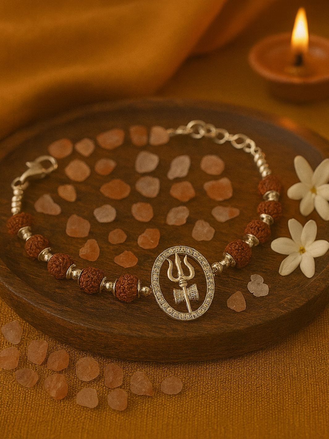 Motif of Trishul with Rudraksh Silver Bracelet