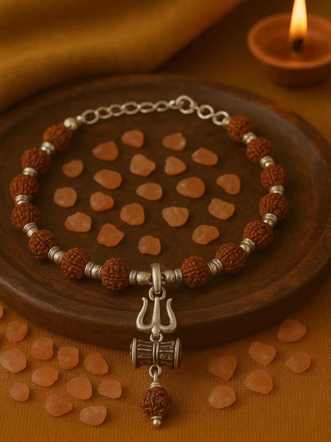 Silver Rudraksh Bracelet for Men – Motif of Trishul with Rudraksh