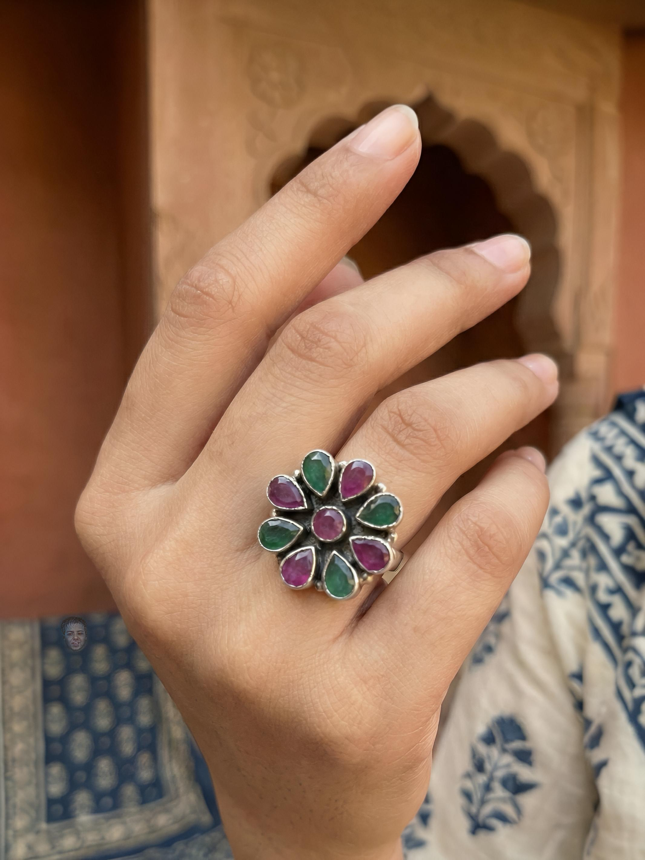Red Green Stone Pure Silver Ring