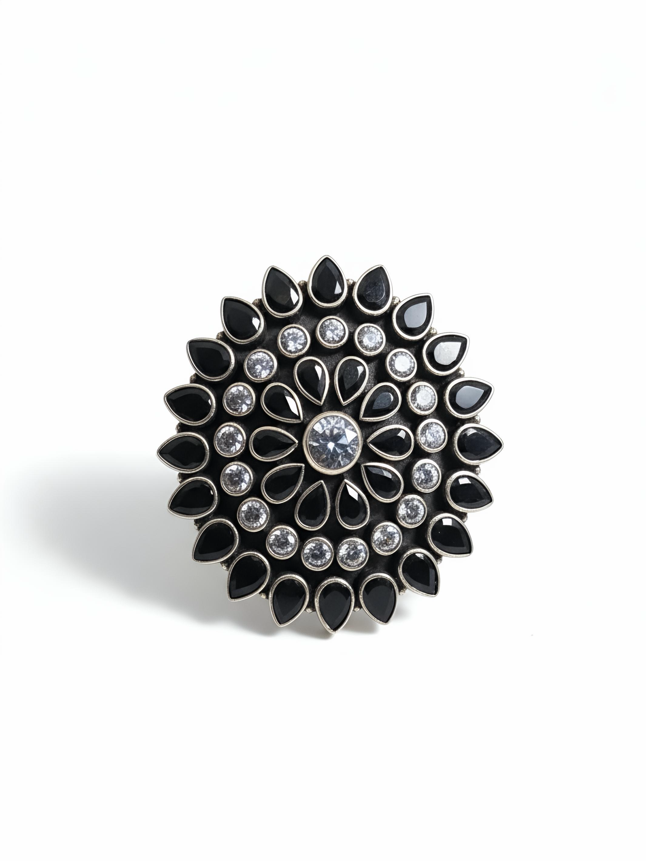 Black and White Floral Pure Silver Ring