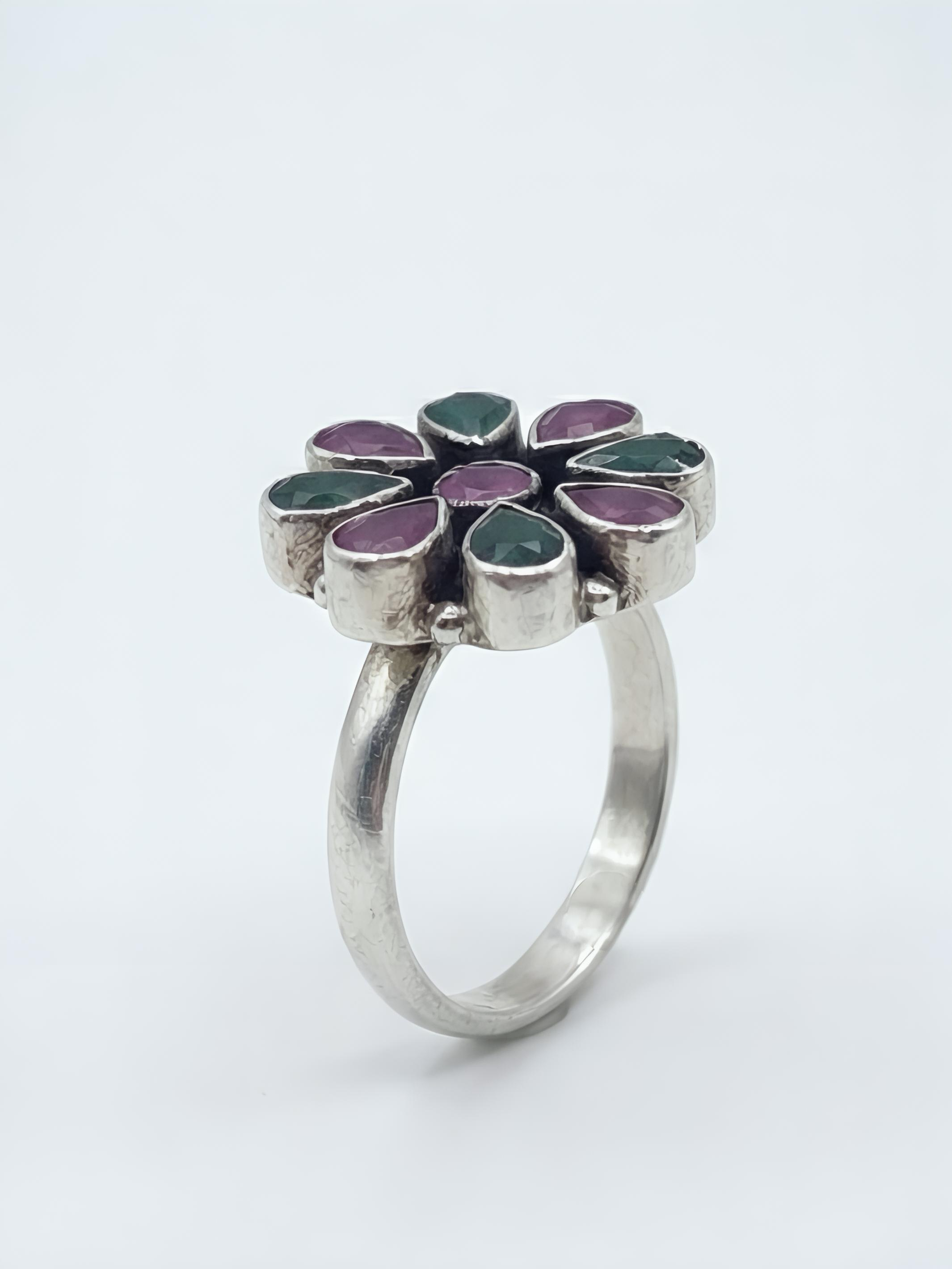 Red Green Stone Pure Silver Ring