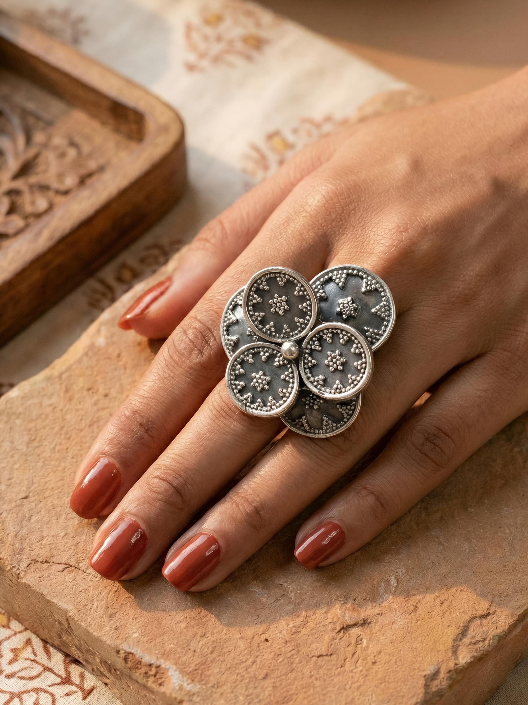 Artistic Multistack Flower Pure Silver Ring