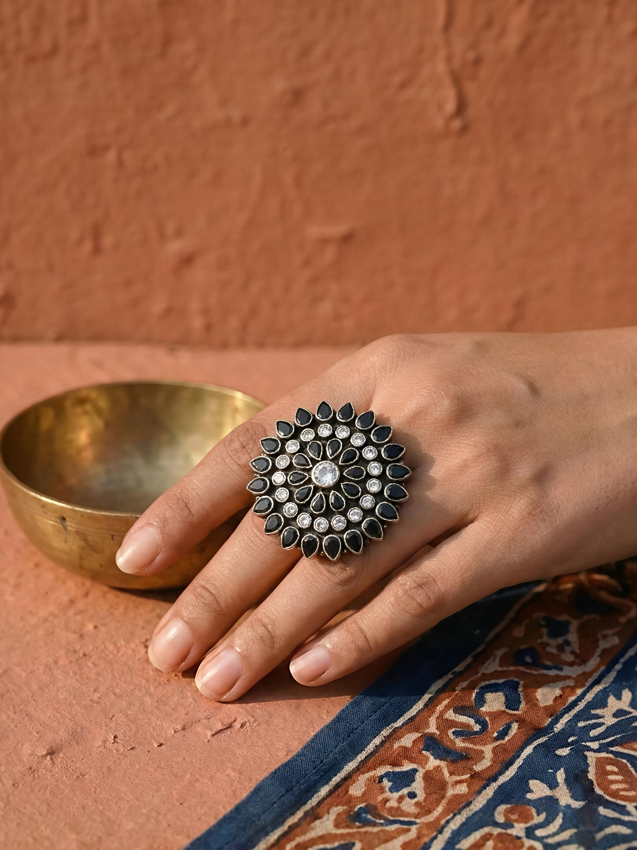 Black and White Floral Pure Silver Ring
