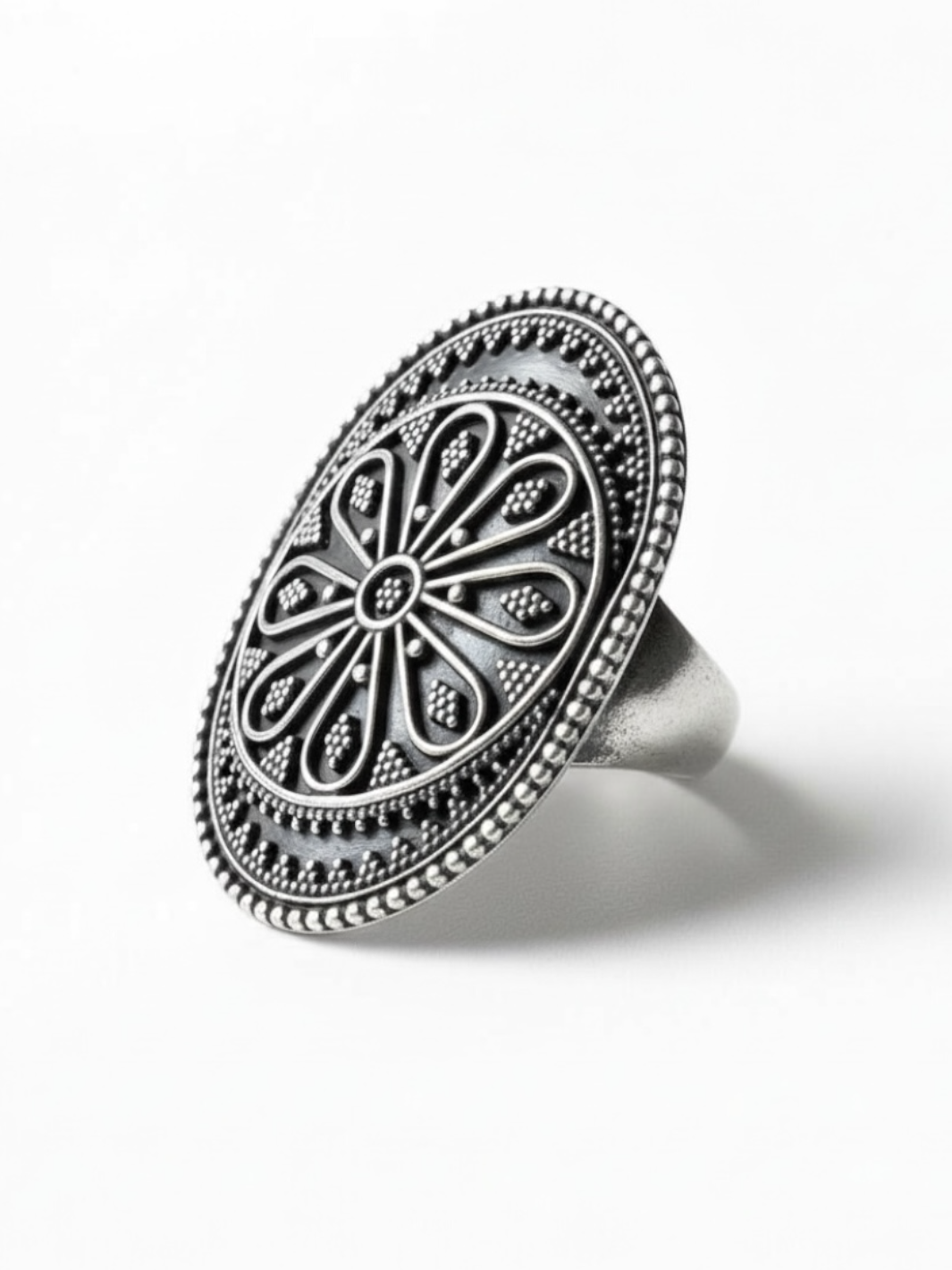 Artisan Handcrafted Oval Flower Pure Silver Ring