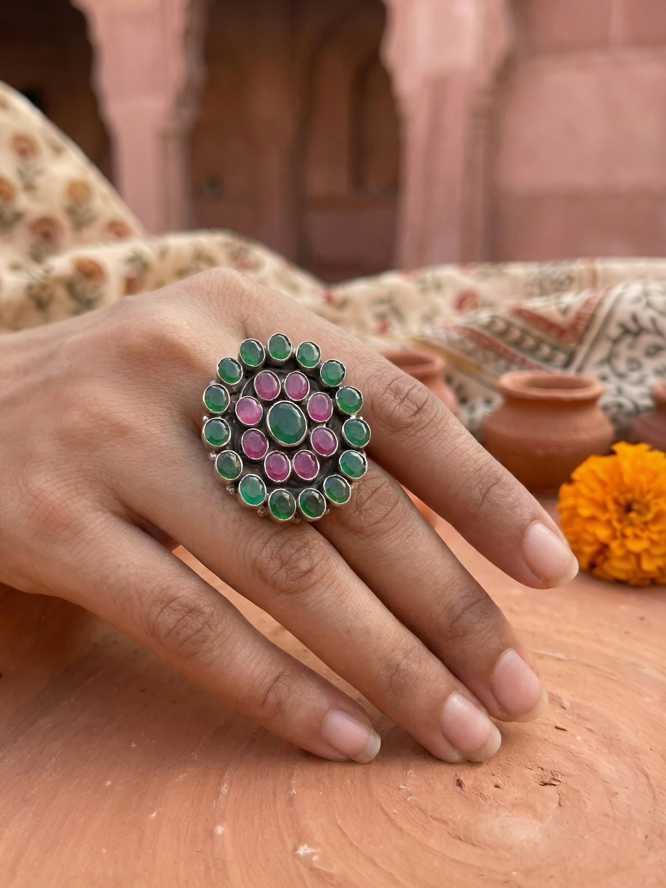 The Amrita Silver Gemstone Pure Silver Ring (Redgreen)