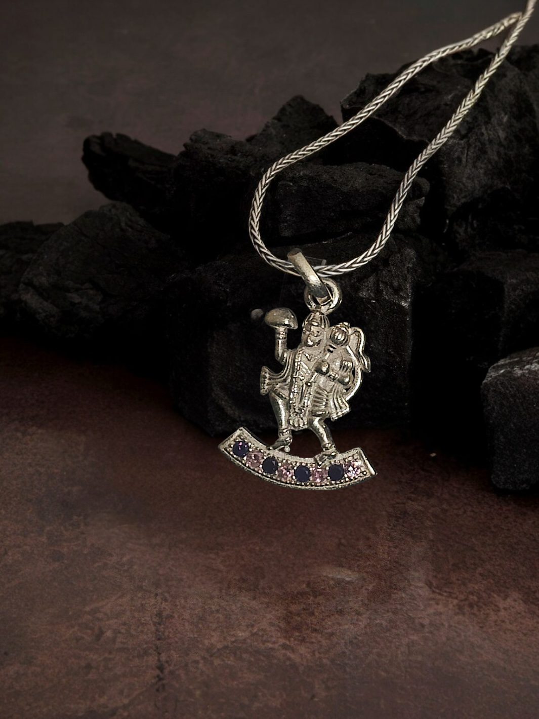 Lord Flying Hanuman with Sanjeevani Mountain Silver Pendant and Chain - PSA Jewels