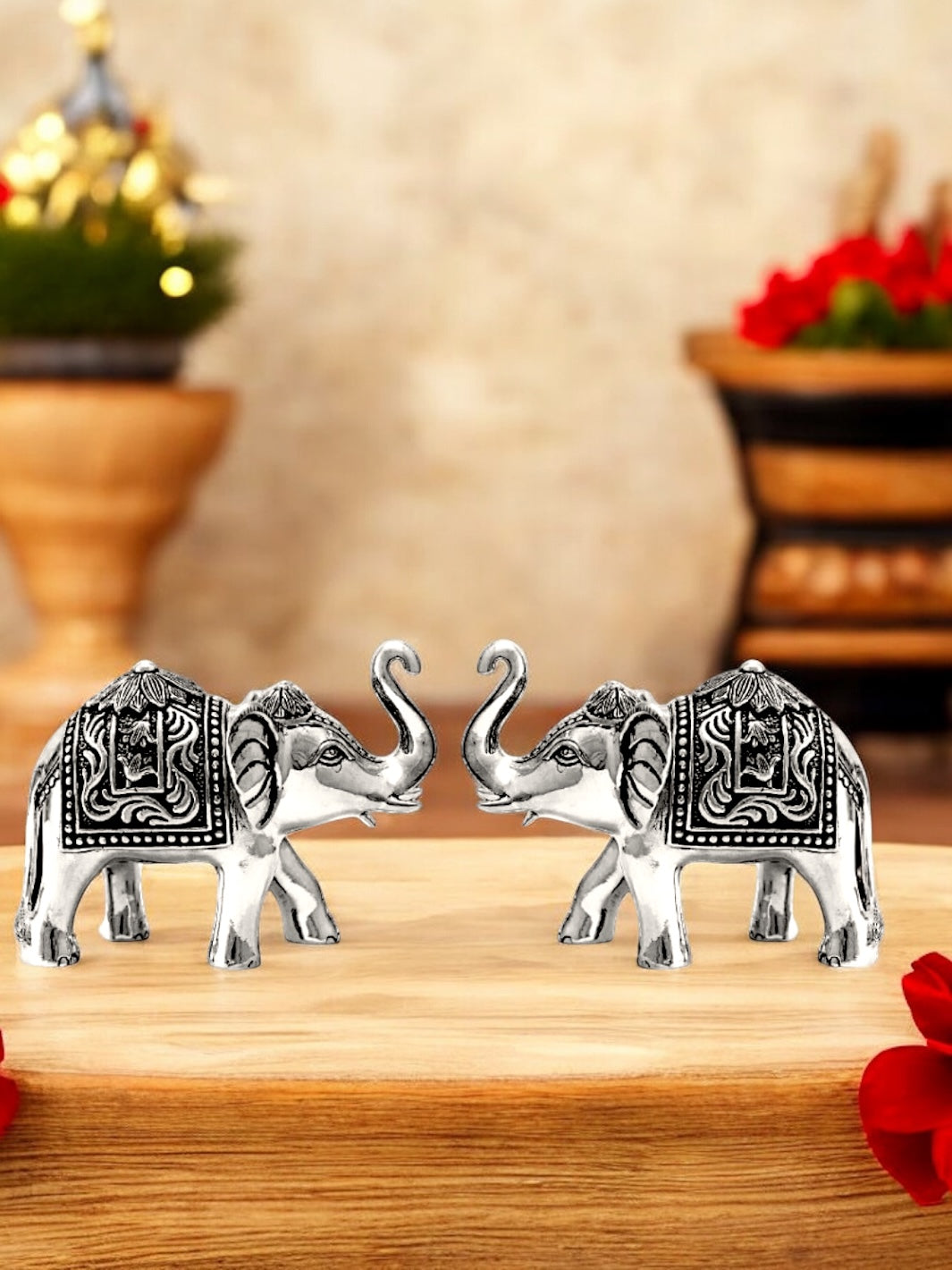 Pure Silver Elephant Uptrunk Pair Idol - PSA Jewels