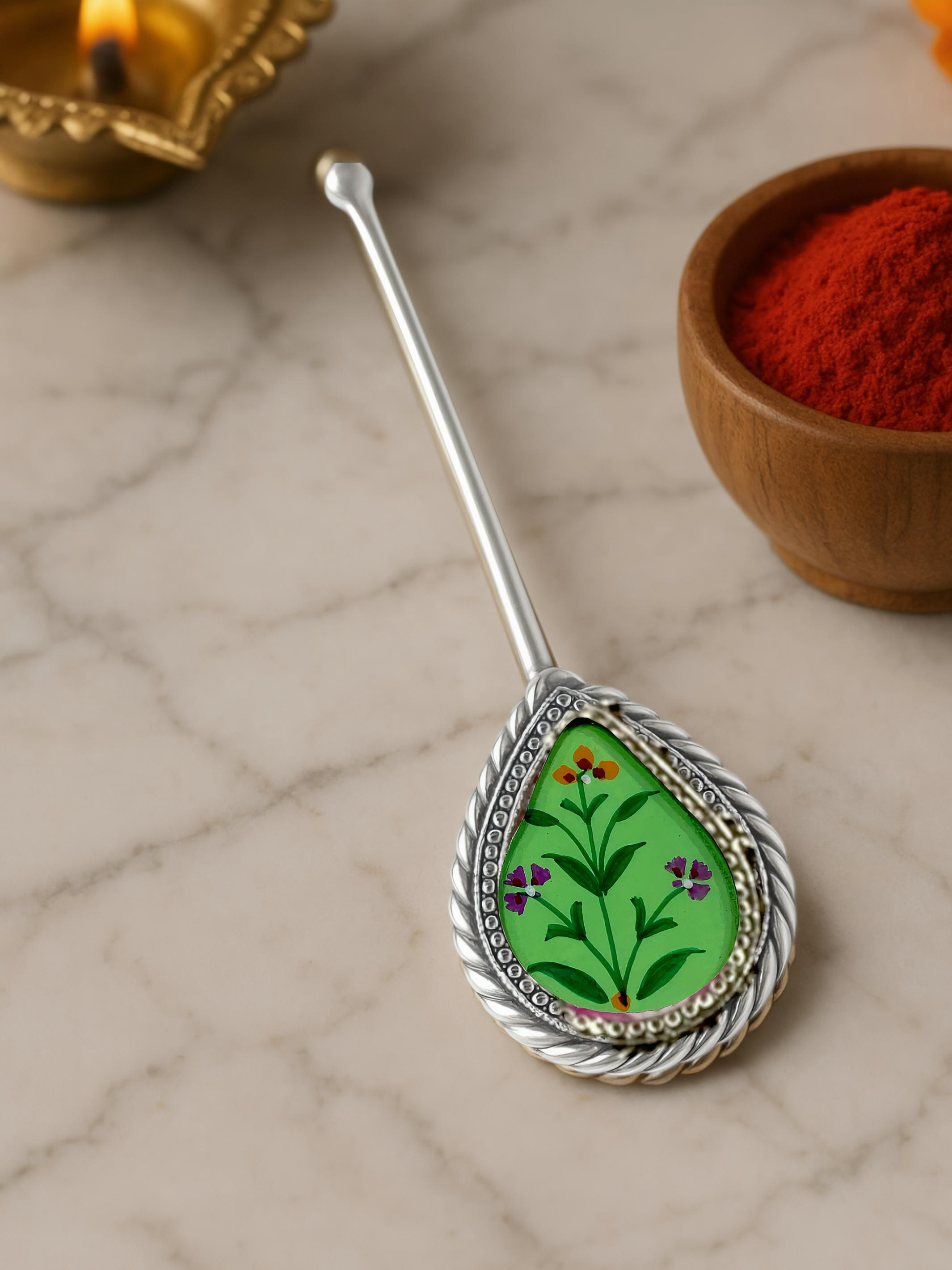 Pure Silver Hand-painted Pear Shaped Antique Pooja tilakstick