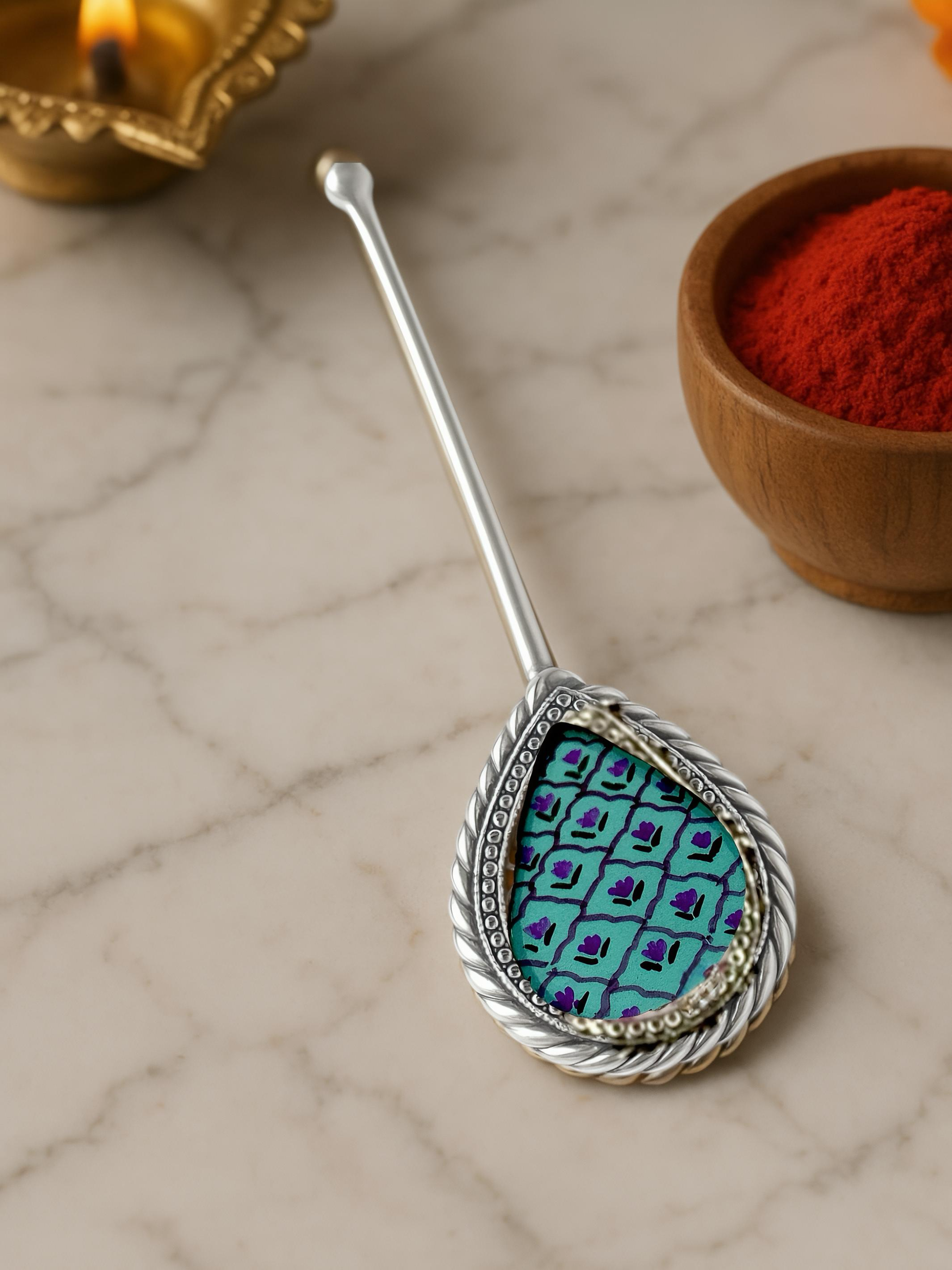 Pure Silver Hand-painted Pear Shaped Antique Pooja tilakstick