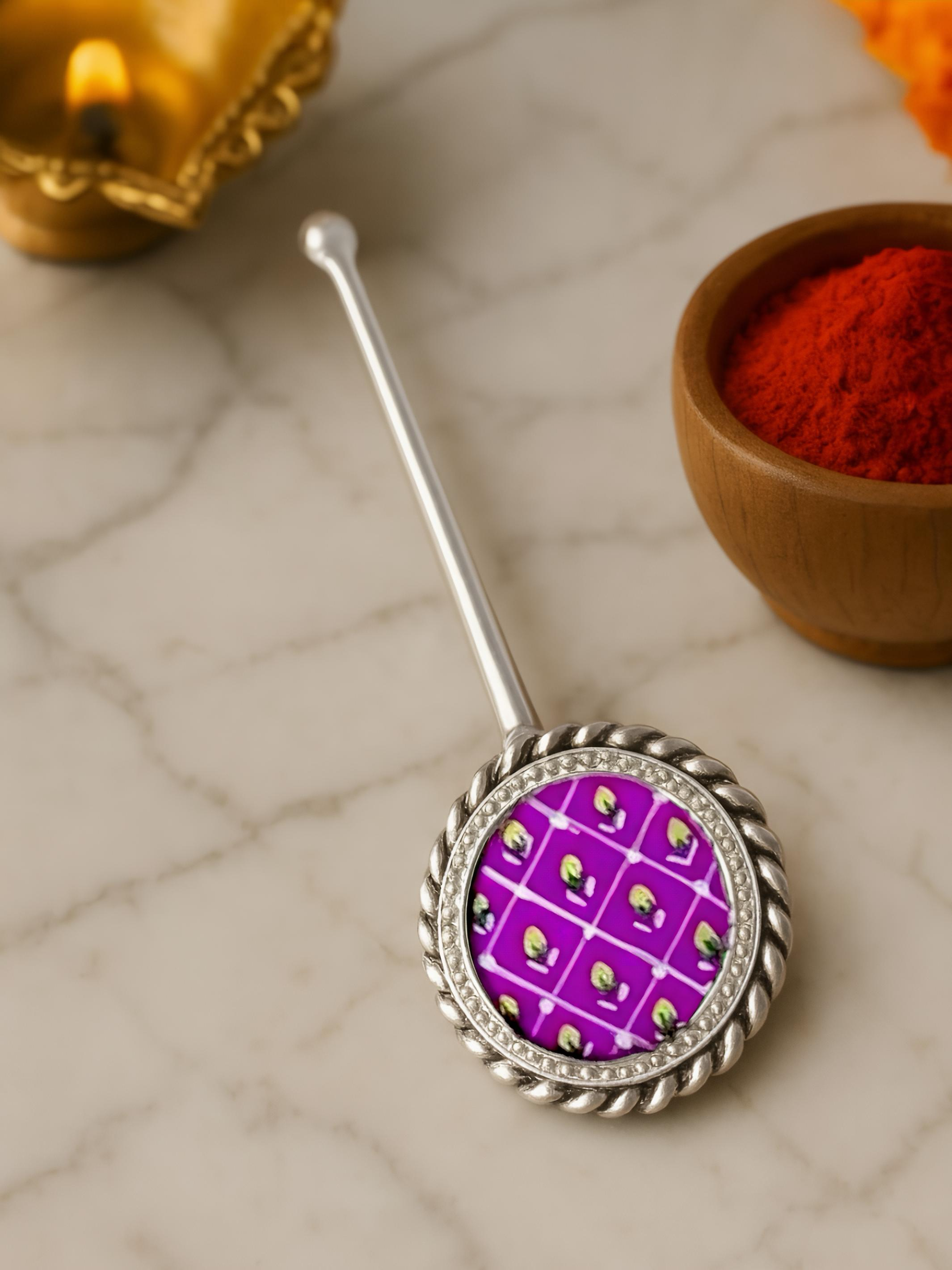 Pure Silver Hand-painted Circle Shaped Antique Pooja tilakstick