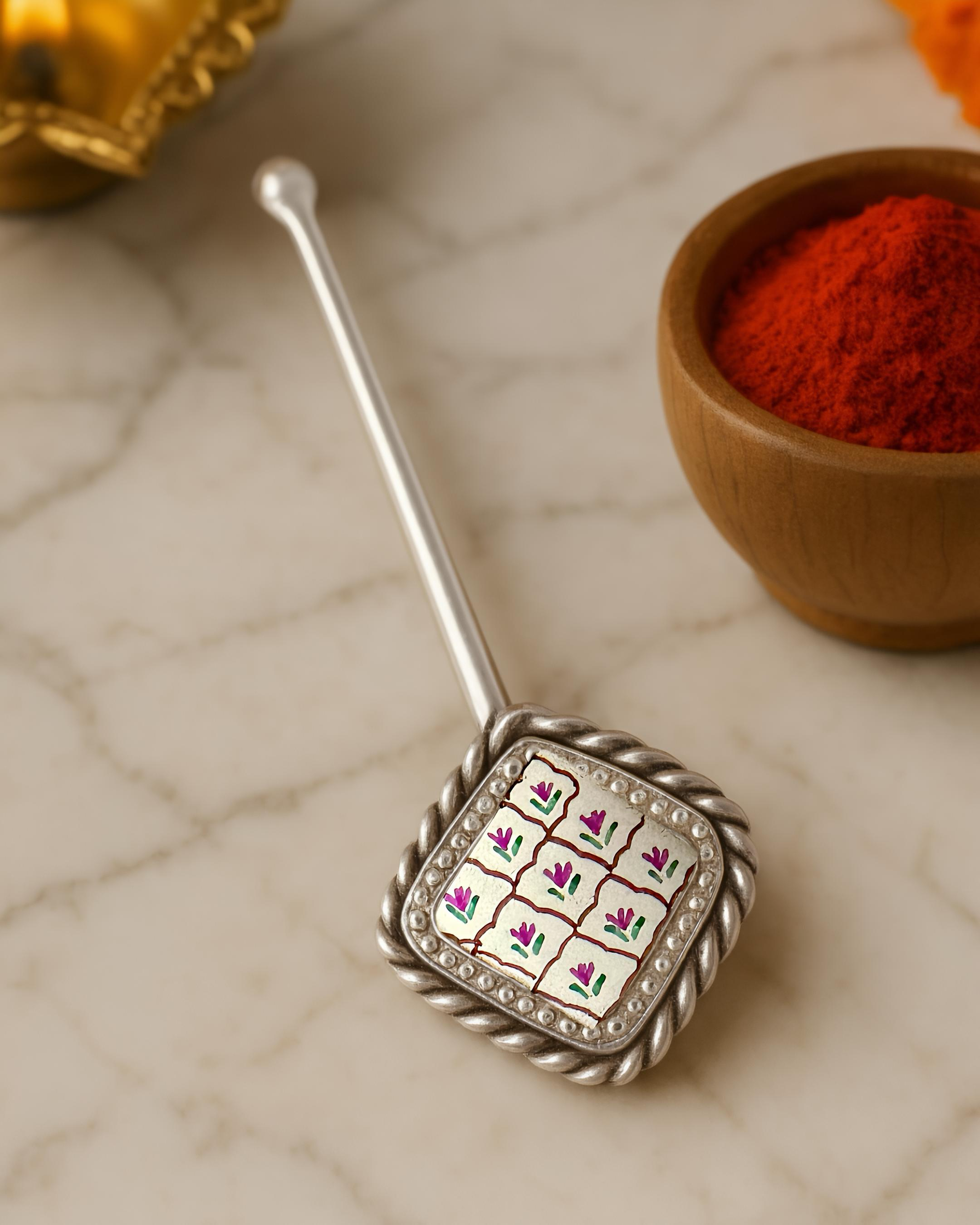 Pure Silver Hand-painted Diamond Shaped Antique Pooja tilakstick