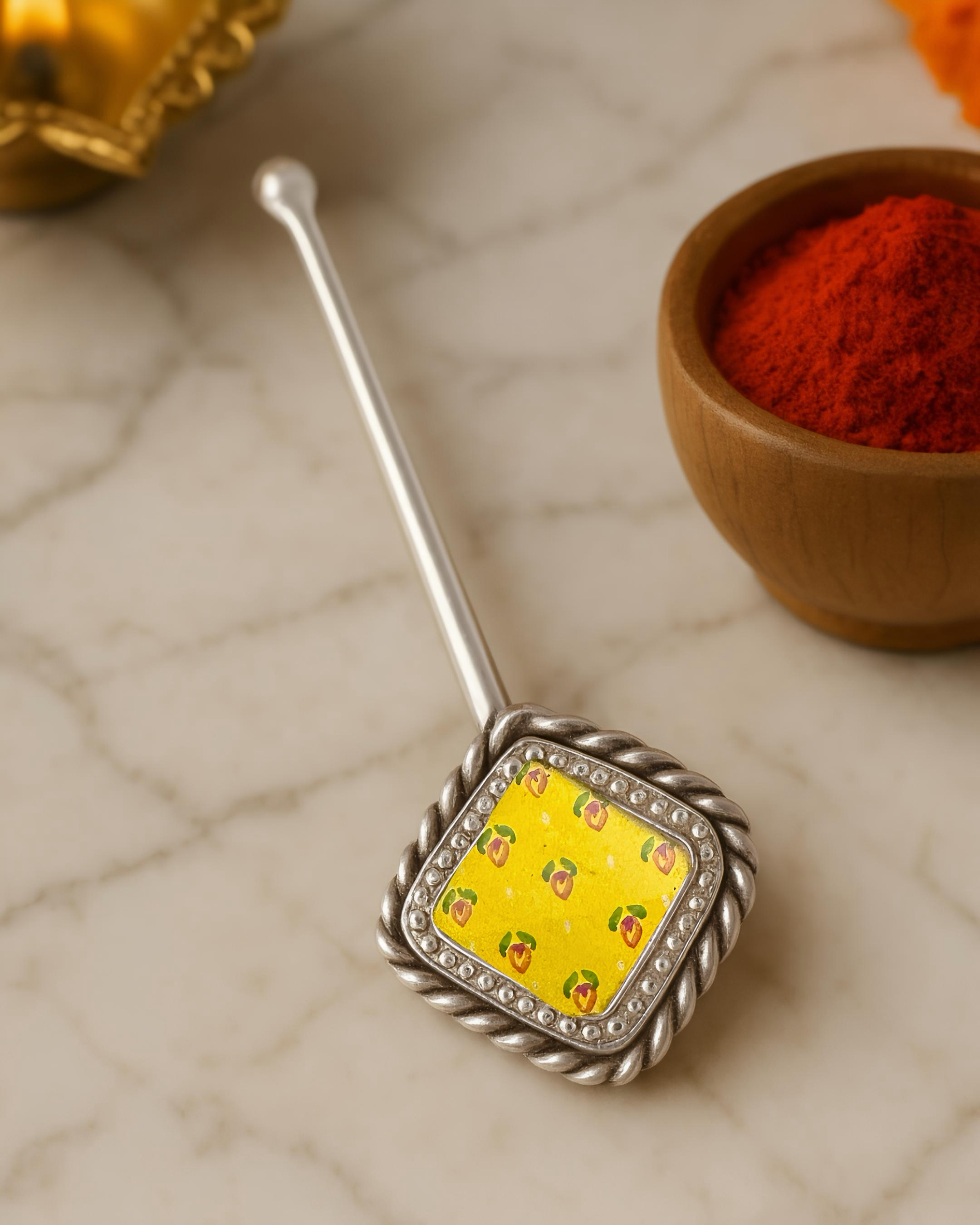 Pure Silver Hand-painted Diamond Shaped Antique Pooja tilakstick