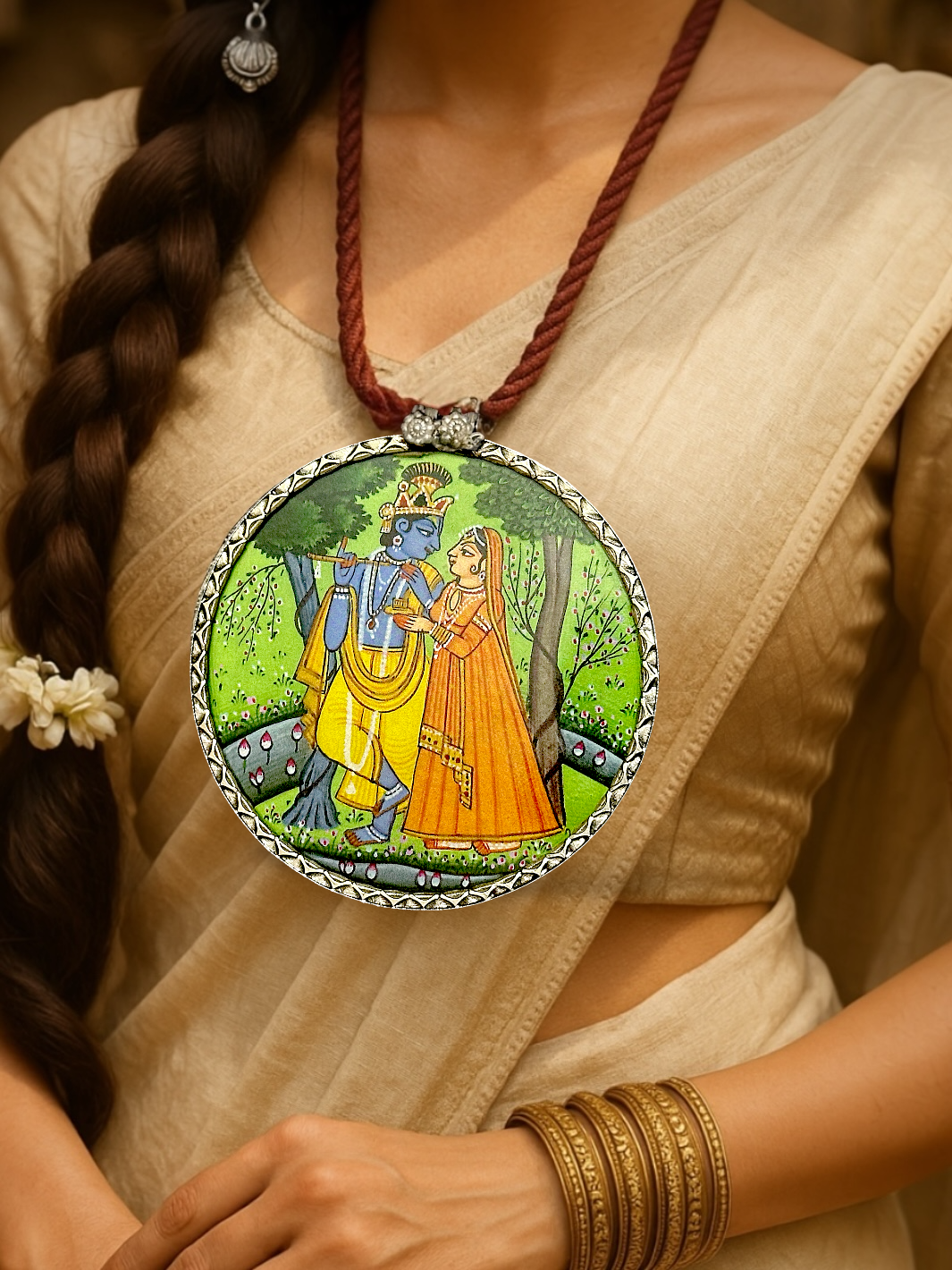 Radha Krishna Hand Painted Silver Pendant
