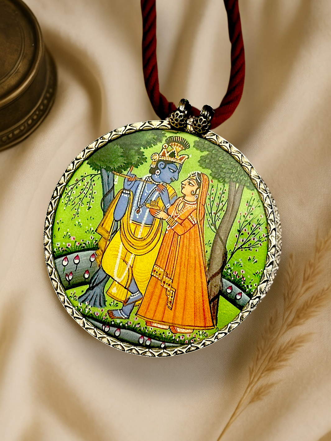 Radha Krishna Hand Painted Silver Pendant
