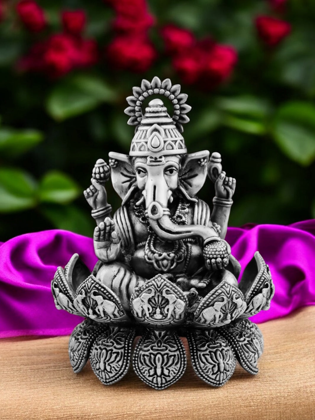Pure Silver Antique Finish Lord Ganesh on Divine Lotus