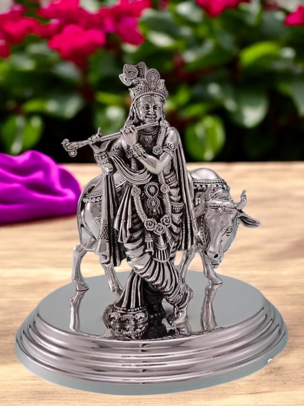 Pure Silver Krishna With Cow Idol