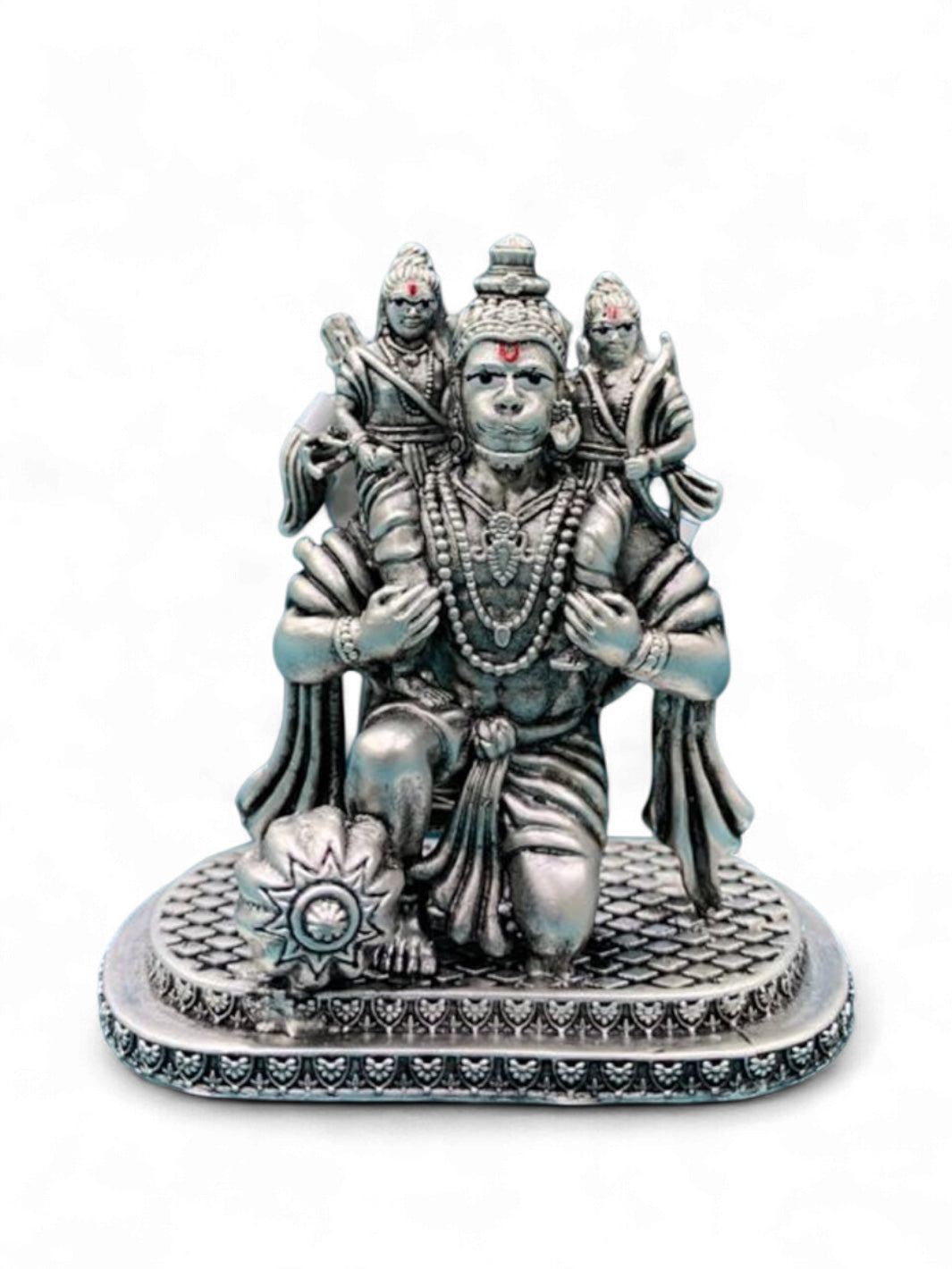 Pure Silver Antique Lord Hanuman carrying Lord Rama and Laxman on his shoulders Idol