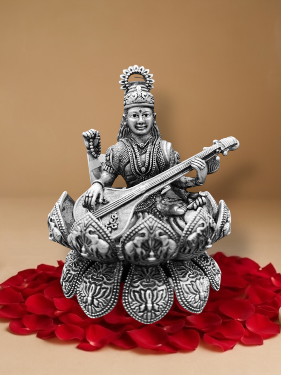 Pure Silver Antique Finish Sarswati on Divine Lotus