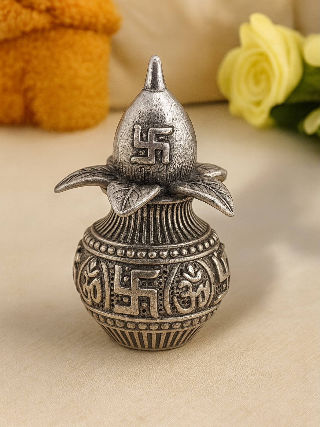Pure Silver Antique Finish Kalash with Swastik & Om Engravings