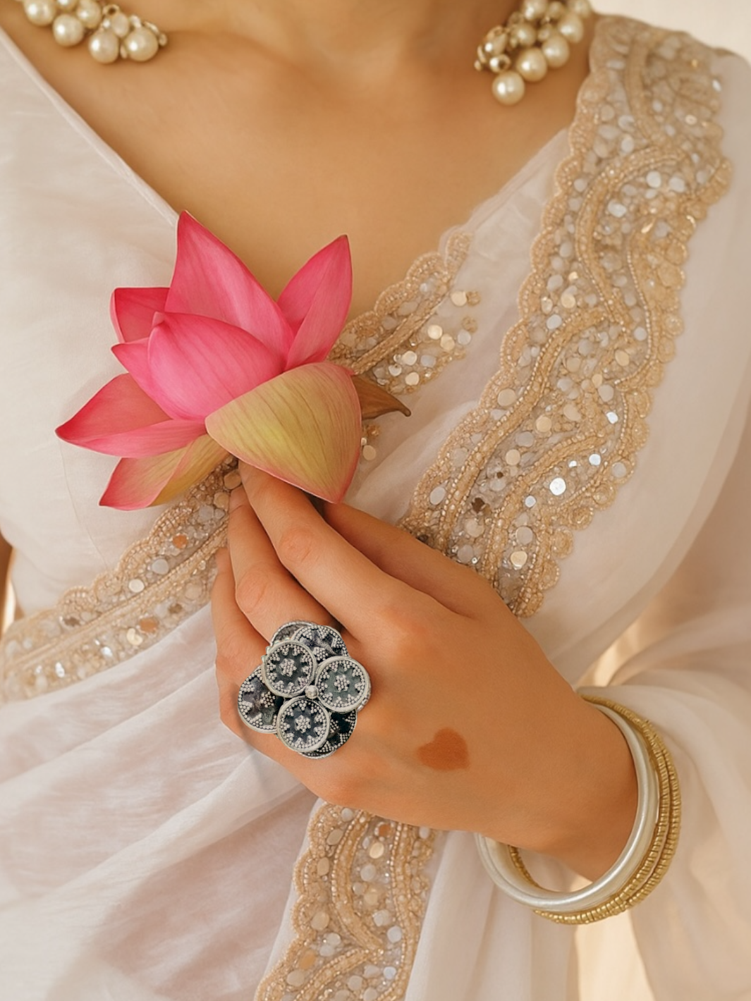 Artistic Multistack Flower Pure Silver Ring