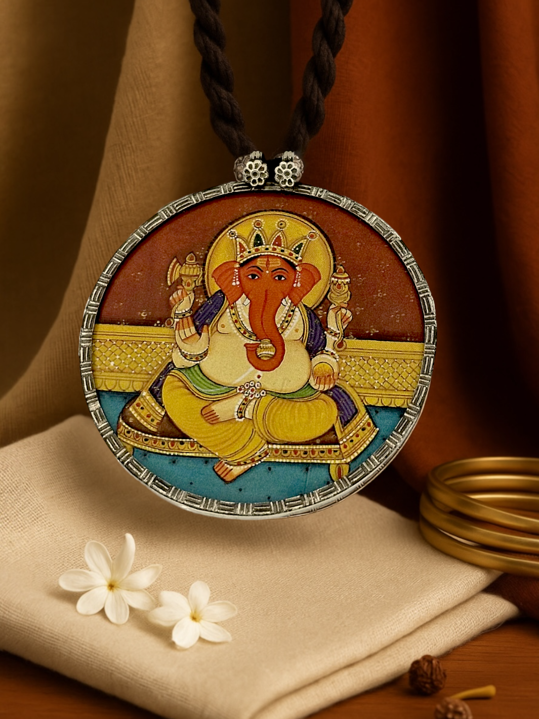 Lord Ganesha Hand Painted Silver Pendant