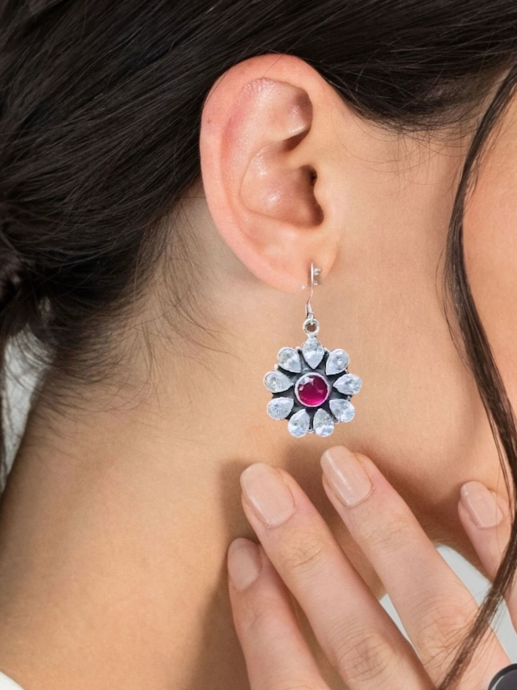 Ruby Floral Silver Earing - PSA Jewels